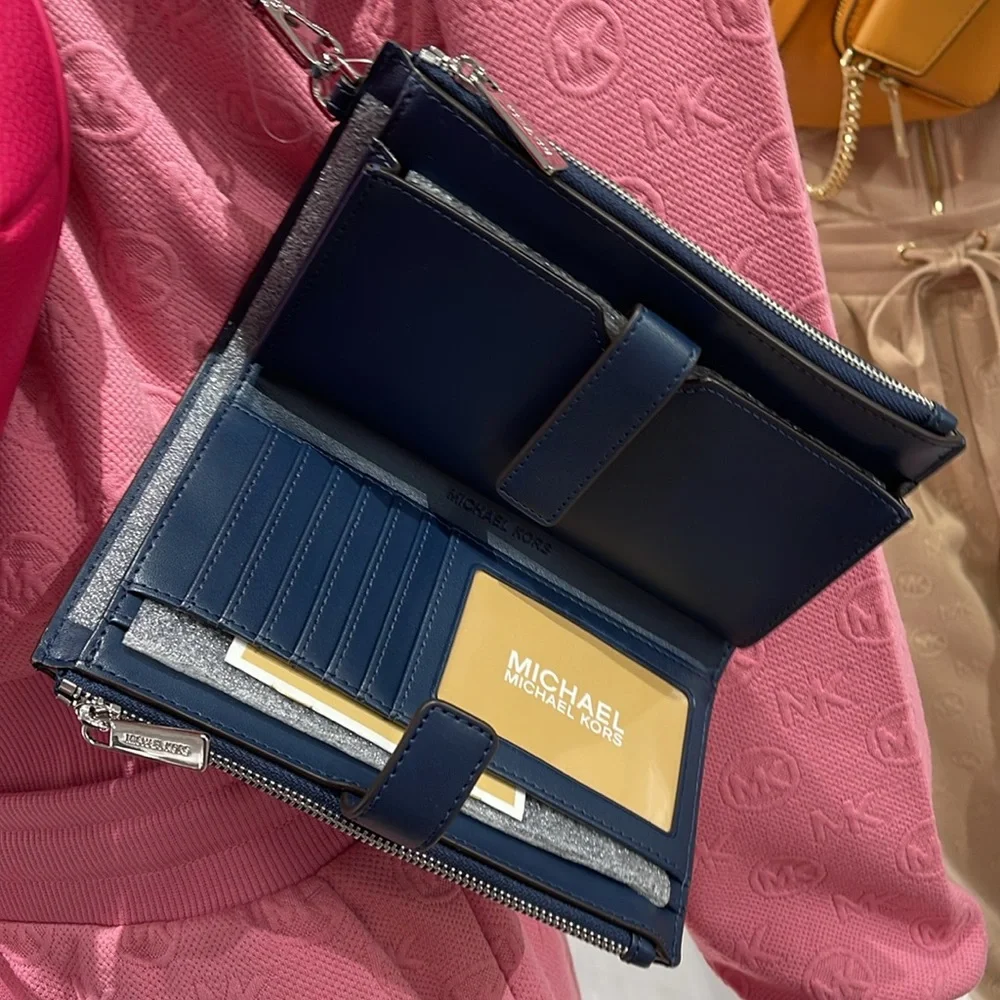 MICHAEL KORS JST LG DOUBLE ZIP WRISTLET WALLET PHONE HOLDER Navy Multi NWT